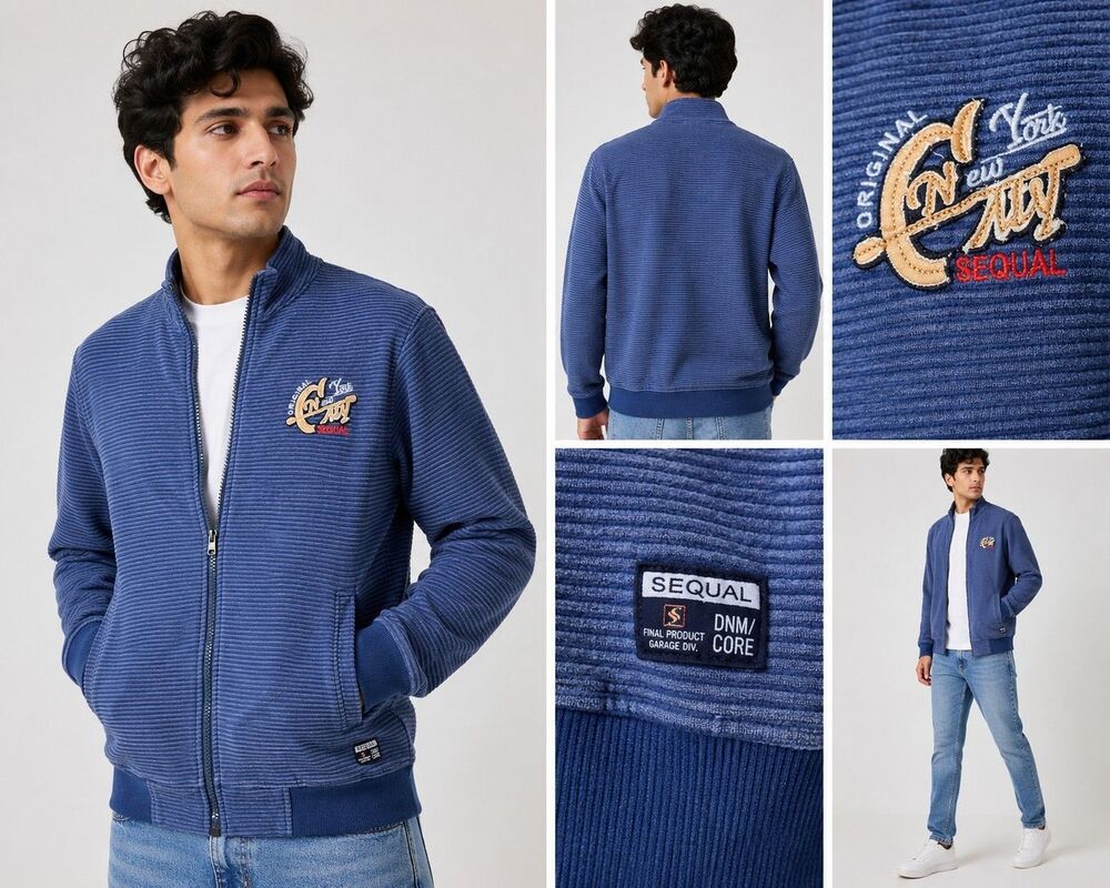 SEQUAL Men’s Blue Ribbed Zip Up Jacket Large Embroidered Casual Track Bomber